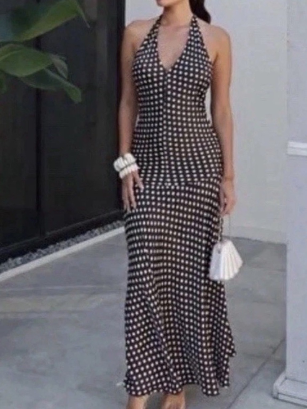 NWT ZARA ZW COLLECTION Brown Polka Dot Satin Halter V-Neck Maxi Dress SZ M